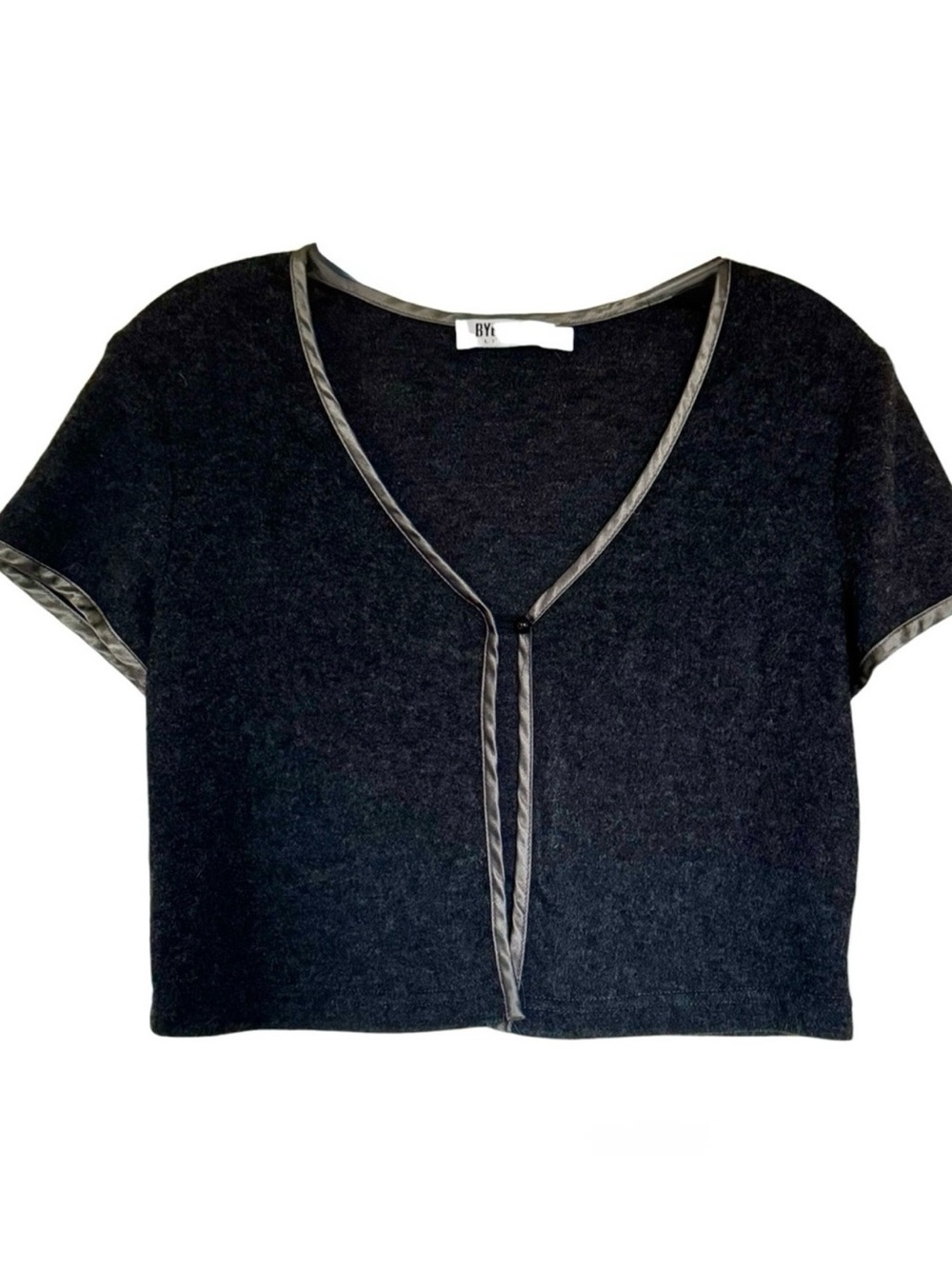 Byer Too California Charcoal Cropped Cap Sleeve Cardigan Top Satin Trim Button